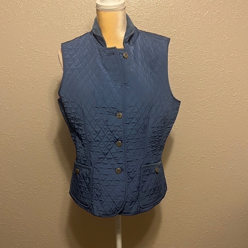 TALBOTS Blue‎ Quilted Fleece Lined Vest With Corduroy Collar Size M